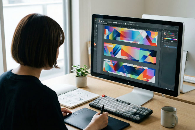 パソコンでデザイン案を比較検討している日本人デザイナーの手元