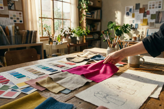 店舗の配色や雰囲気に合ったデザイン素材を選んでいる様子