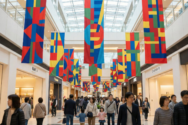 商業施設の通路に吊るされた複数のタペストリー広告