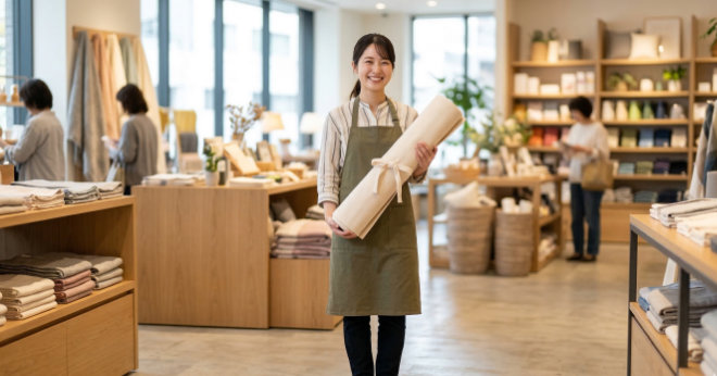 丸めたタペストリーを軽々と持つ日本人の女性スタッフ