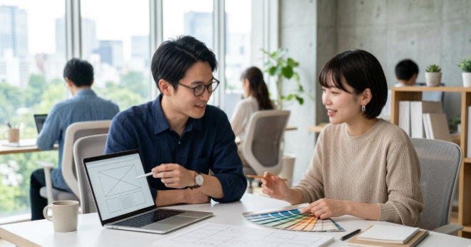 デスクで看板のデザインについて話し合う日本人の男女