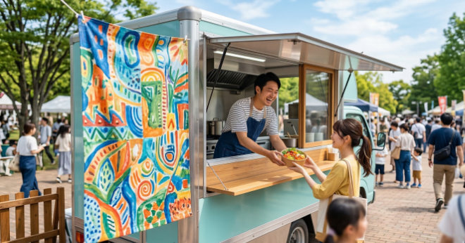 大きなタペストリーを掲げたキッチンカーと接客する日本人スタッフ