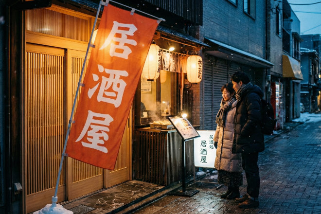冬の街角にある日本の居酒屋の店先。暖色ののぼり旗が風になびき、暖かい光が漏れている。