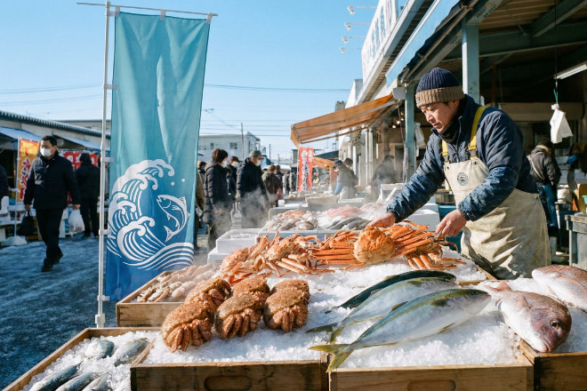 活気ある日本の鮮魚店の店先。新鮮なカニや魚が並び、青いさわやかなのぼり旗が立っている。