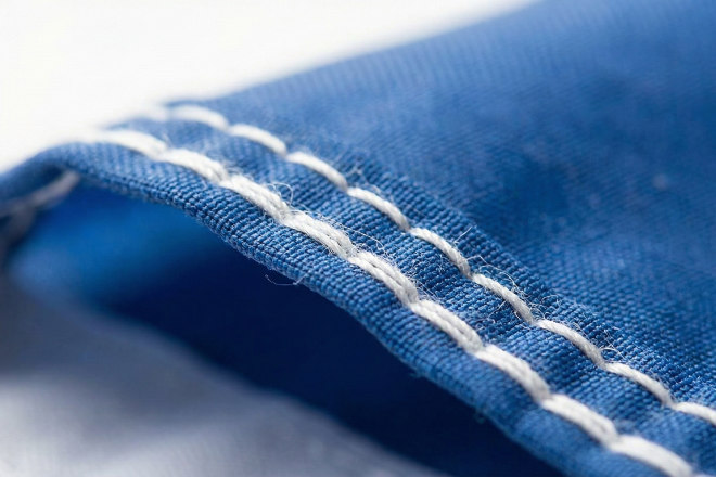 のぼり旗の端の縫製部分のアップ。折り返してミシンで縫われているディテール(三巻縫製)。