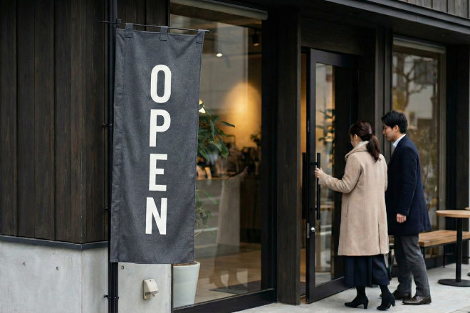 おしゃれなカフェの前に設置された「棒袋縫い」ののぼり旗。白い輪(チチ)がなく、ポールが布の中を通っている。