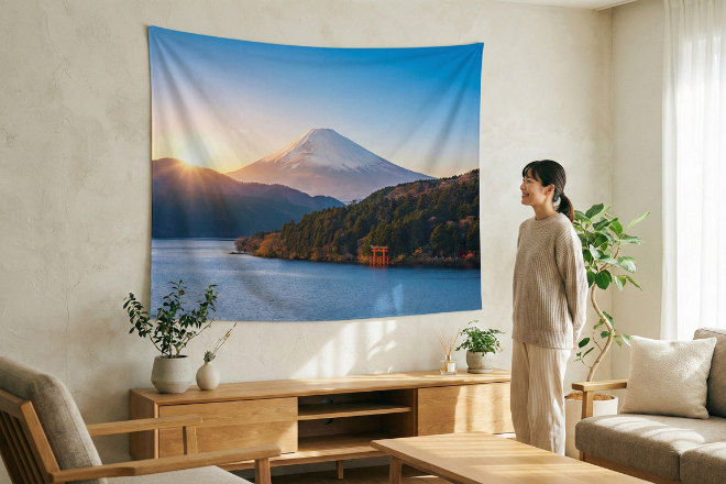 モダンな部屋の壁に飾られた、高画質で美しい風景写真のタペストリー。それを満足そうに見上げる日本人女性。