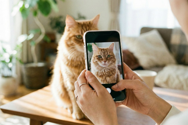 最新のスマートフォンで、美しい花やペットを撮影している日本人女性の手元。高画質カメラのイメージ。