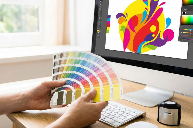 カラーチャート(色見本帳)とモニター画面を見比べて、色調整を行っている手元。