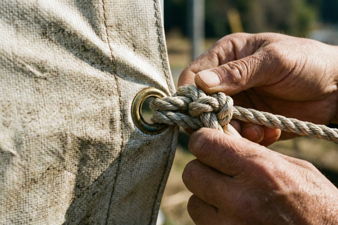 横断幕のハトメ部分に紐を通している手元のアップ、素材の質感がわかる画像