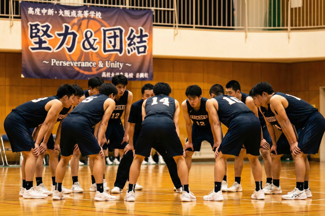 体育館でバスケットボール部の練習風景と壁に掲げられた横断幕