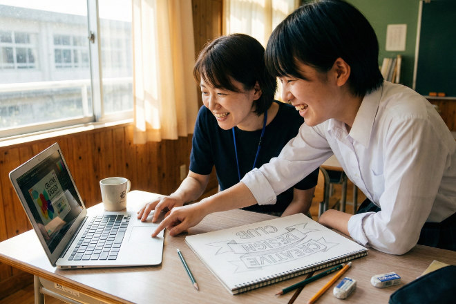 ノートパソコンを開いて横断幕のデザイン案を話し合う日本の生徒と先生