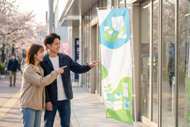 スーパーや家電量販店の店頭で「新生活応援」ののぼりを見て立ち止まる若い夫婦