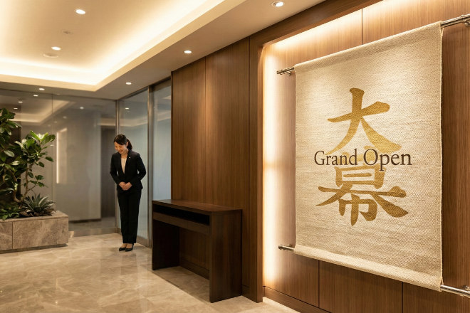 高級マンションのモデルルーム入口に設置された、洗練された大型タペストリーと受付スタッフ