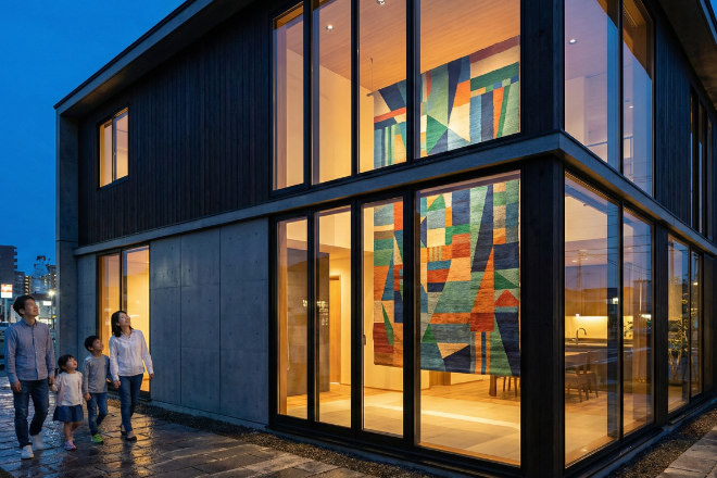 モデルルームの外観。窓越しに内部の大型タペストリーが見え、通りがかりの人が見上げている様子