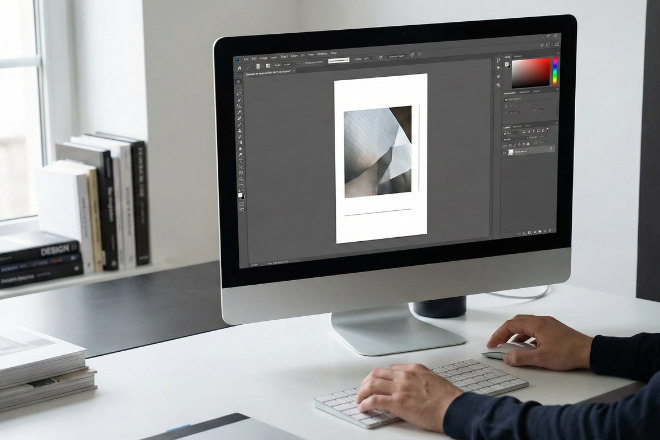 デザイナーがPCでタペストリーのデザイン案を作成している様子。シンプルで余白のあるデザイン