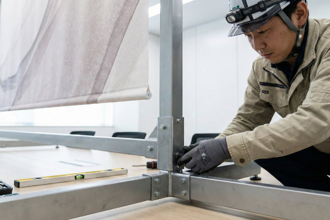 スタンドを使ってタペストリーを設置している作業風景。安全性を確認している様子