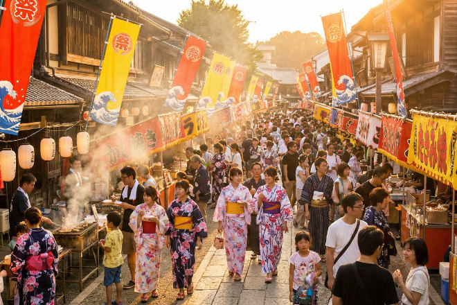 活気ある日本の夏祭りと屋台ののぼり