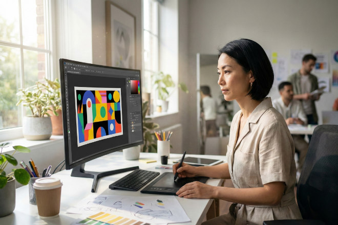 パソコン画面で横断幕のデザイン案を確認する日本人デザイナー