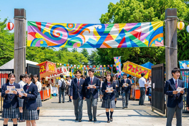 日本の高校の学園祭、正門に飾られた手作り感のある横断幕と学生たち