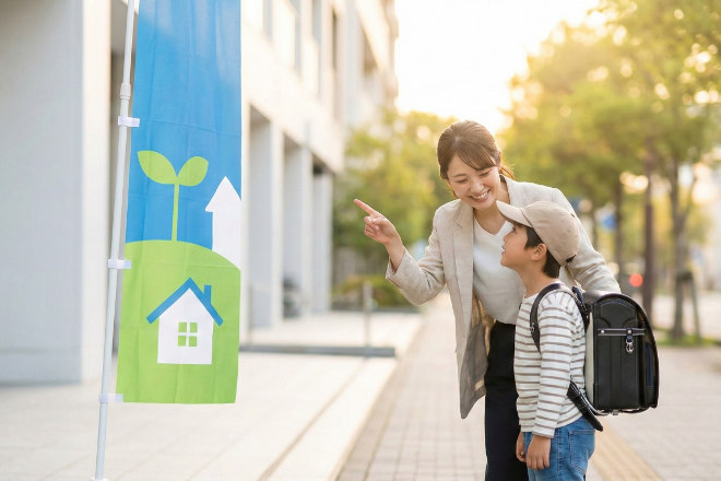 塾の前ののぼり旗を見て会話する日本の母親と子供