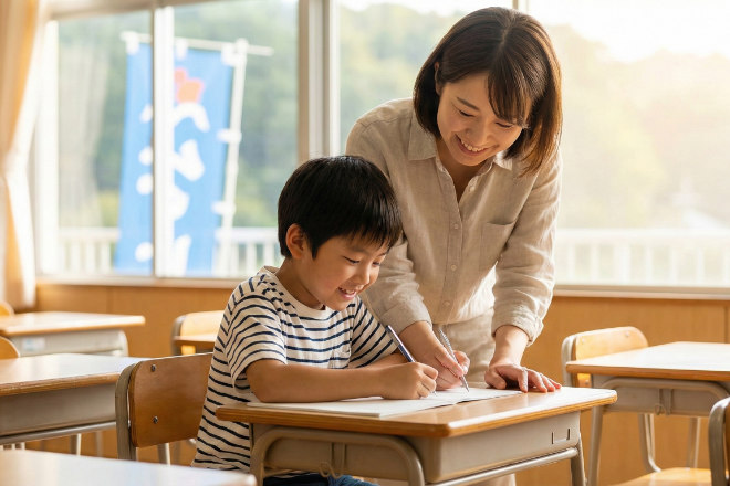 明るい教室で体験レッスンを受ける日本の子供と優しい先生