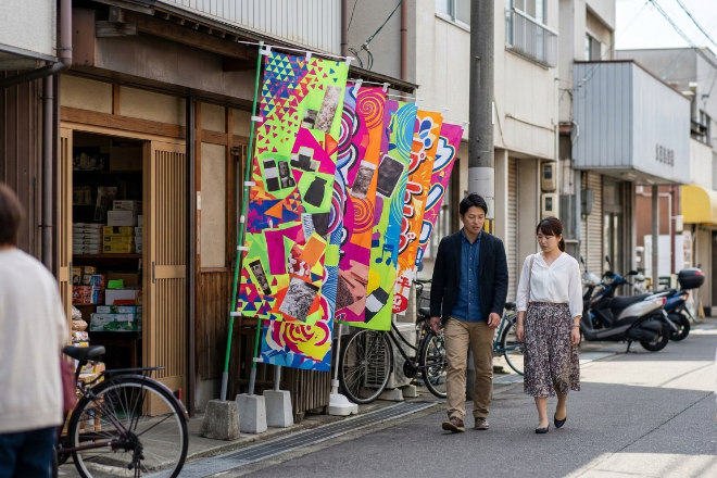 視認性の低いのぼり旗を見て通り過ぎる歩行者