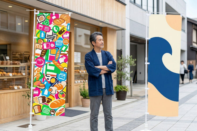 ごちゃごちゃしたデザインののぼり旗とシンプルな旗を比較するシーン