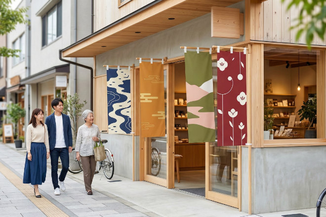 店舗前で効果的に設置されたシンプルな販促用のぼり旗