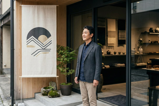 店舗入口に設置されたブランドタペストリーを見る日本人店舗オーナー