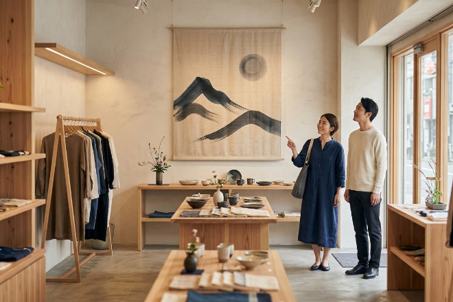 店舗内でブランドビジュアルのタペストリーが空間演出をしている様子