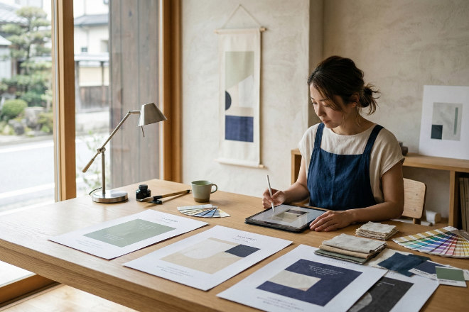 ブランド空間を演出するタペストリーをデザインしている日本人デザイナー