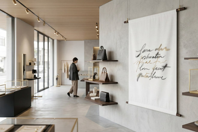 高級ブランド店舗でシンプルなタペストリーが飾られている空間