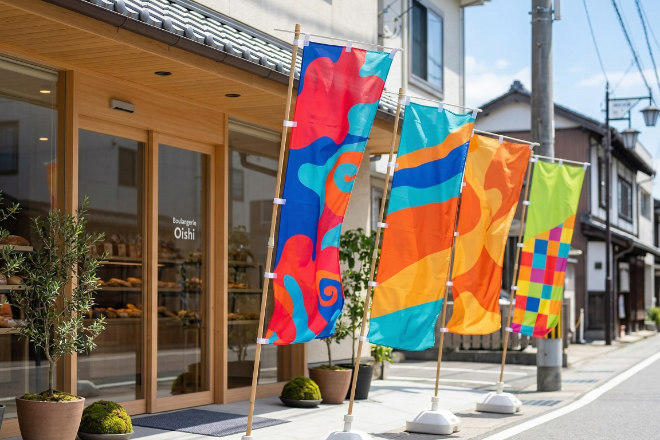 店舗前でポンジ生地ののぼり旗が風になびいている様子