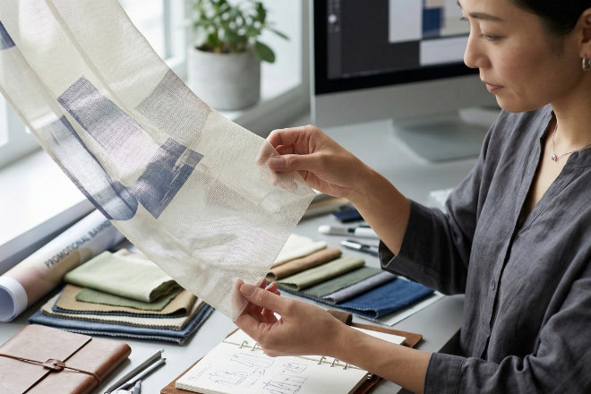 ポリエステル製の薄い布素材を手に取って確認する日本人デザイナー