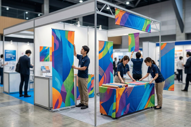 イベント会場でポンジ生地のバナーや装飾が使われている様子