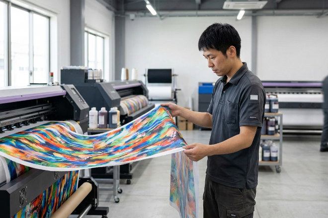 布素材にカラー印刷されたデザインを確認する印刷作業シーン