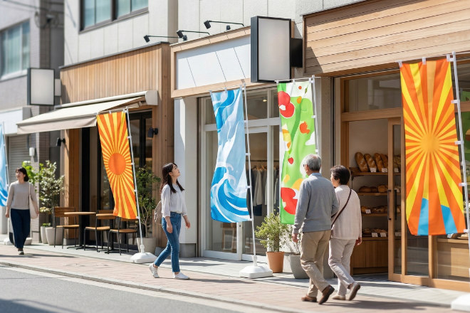 店舗前に設置されたポンジ生地ののぼり旗で集客している風景