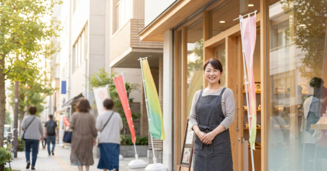店舗前で販促に成功している様子