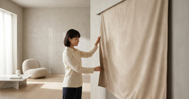 高級感のあるスエード生地タペストリーを室内に飾る様子