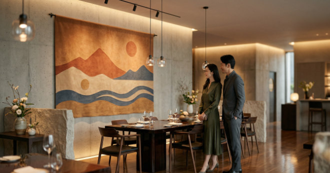 光沢のあるスエードタペストリーが映える高級店舗空間