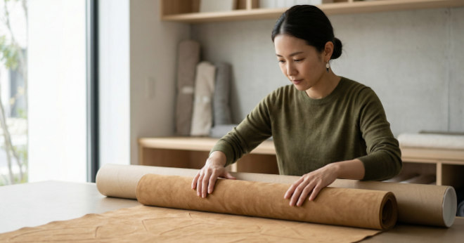 スエードタペストリーを丁寧に丸めて保管する様子