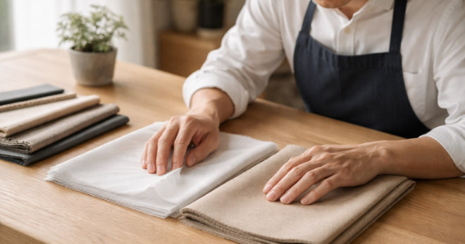 ポリエステル生地の厚みを比較する日本人男性