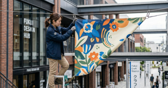 屋外で丈夫なのぼり旗を設置する日本人女性