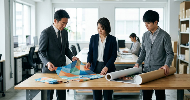 軽い布製バナーと重いビニール素材を比較する様子