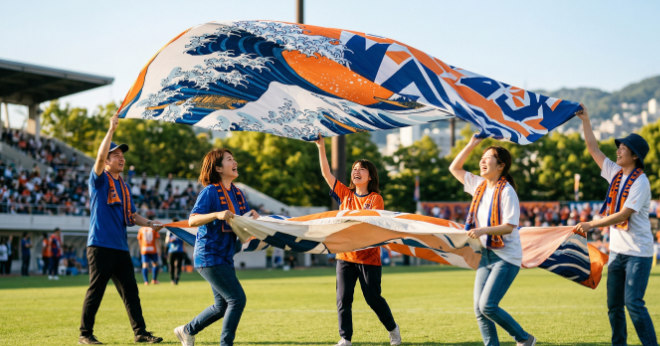 スポーツ応援で横断幕を掲げる日本人チーム