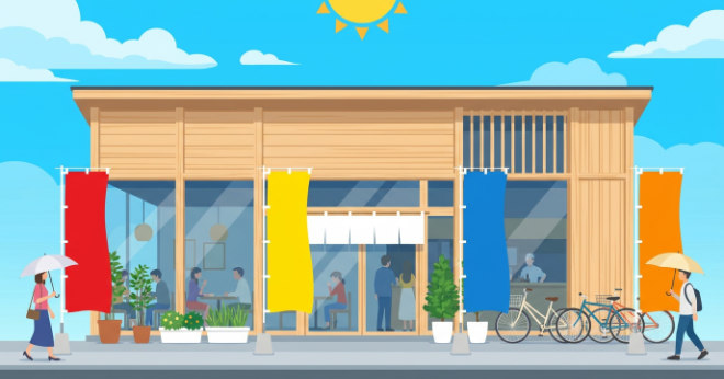 ランチ営業中ののぼり旗が立つ、モダンでおしゃれな日本の和食店・定食屋の外観イラスト