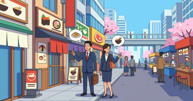 日本の賑やかな街並みで、飲食店の前を歩きながら店を選ぶビジネスパーソンのイラスト