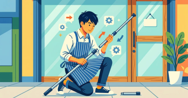 日本人の店舗スタッフが、店舗前で丁寧にのぼりポールを組み立てて調整しているイラスト