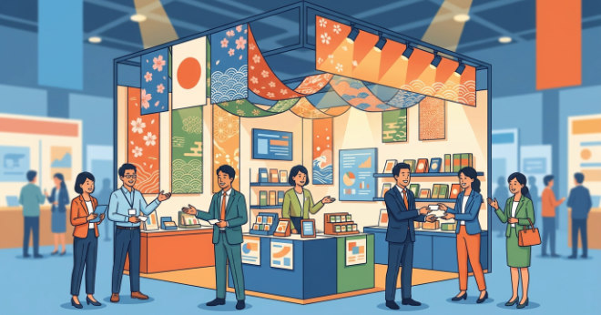 装飾の改善により、多くの来場者が足を止めて賑わっている成功した展示会ブースのイラスト